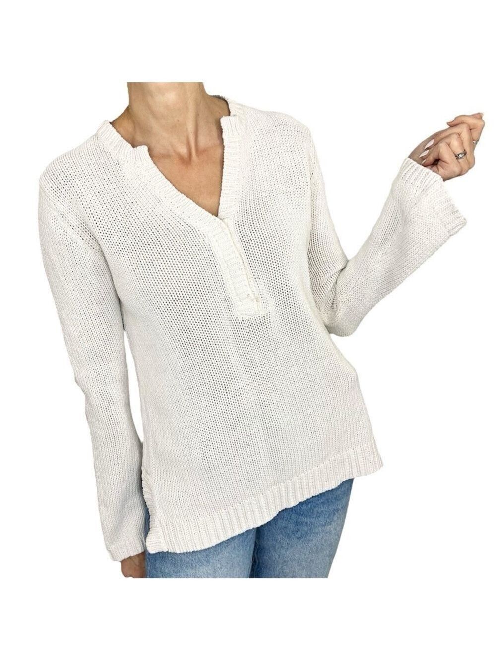 Vintage 90s pure cotton off white henley snap front flare sleeve boxy sweater S